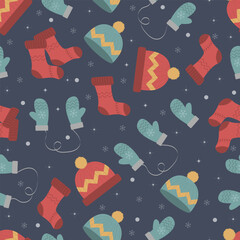 Cozy seamless winter pattern featuring hats gloves and socks on dark background perfect for seasonal fabric wrapping paper textile design and warm clothing themed projects
