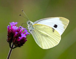 A delicate white and yellow butterfly, with distinctive black spots, perched delicately on a cluster of vibrant purple wildflowers