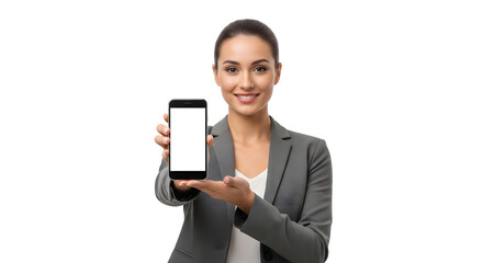 Smiling professional woman showing blank smartphone