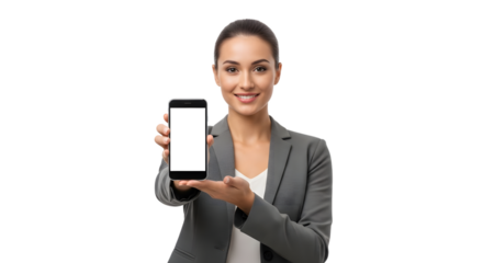 Smiling professional woman showing blank smartphone