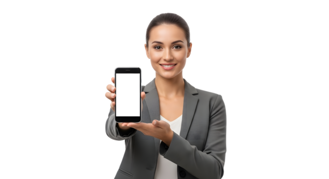 Smiling professional woman showing blank smartphone