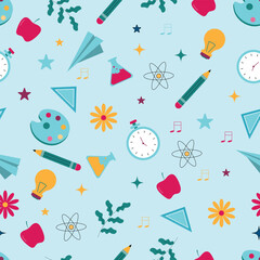 Bright seamless school pattern featuring pencils clocks apples flowers and science icons on blue background ideal for education themes stationery wrapping paper and learning designs