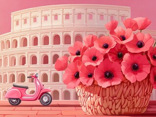 A candy pink chopper circles the Colosseum in Rome, a classic woven basket full of red anemones swaying dramatically, cinematic color palette