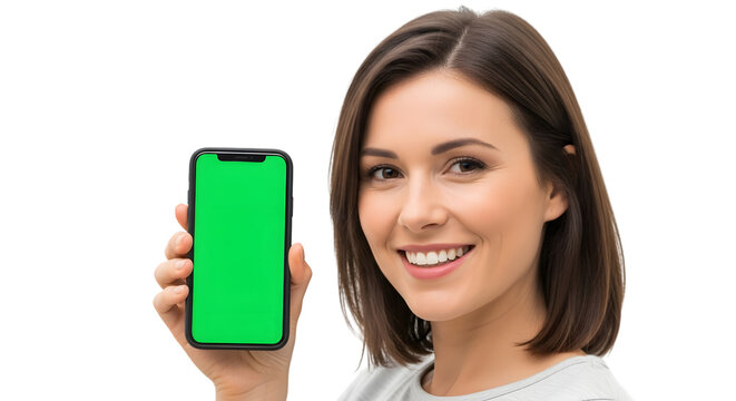 Smiling Woman Holding Smartphone With Green Screen Display