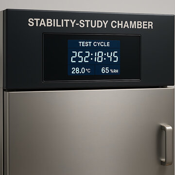 Stability study chamber displaying temperature and humidity test cycle, pharmaceutical laboratory equipment for long term stability testing, stainless steel controlled environment cabinet for medicine