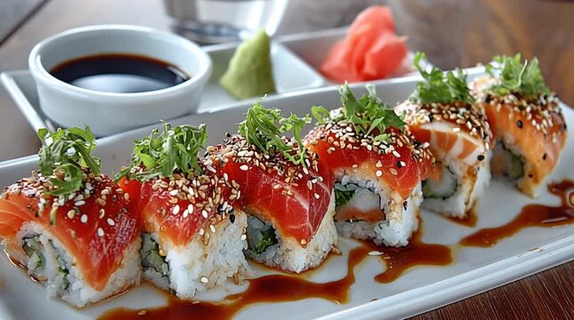 Rustic serving on white plate filled with various rows of colorful sushi rolls and nigiri, including  salmon, avocado, and soy sauce in bowl on background.