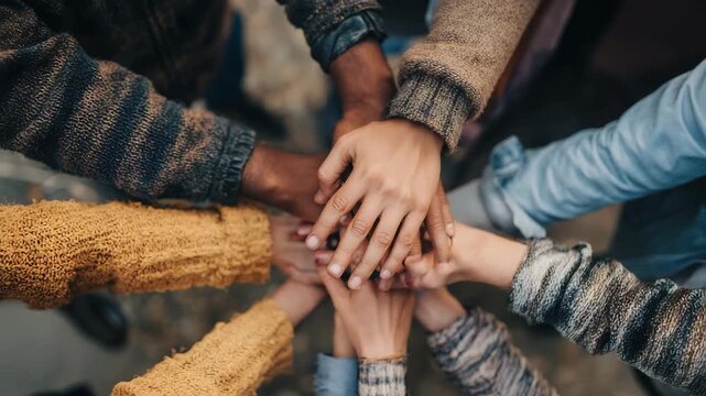 group of diverse people stacking hands together unity teamwork friendship concept outdoor close up autumn clothes warm light community support cooperation photorealistic