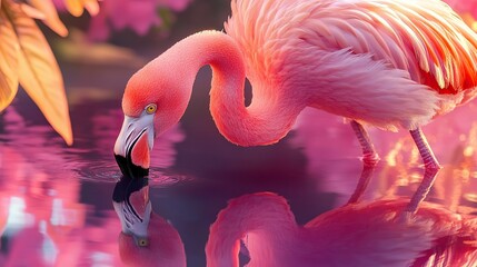 A close-up of a flamingo bending gracefully to drink from a reflective pink-tinted lake, vivid reflections.