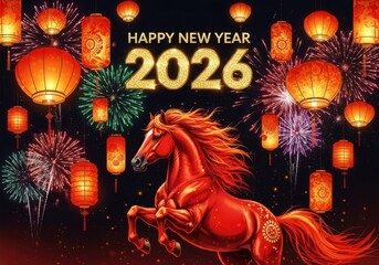 Celebrate 2026 new year with a fiery horse and festive lanterns fireworks display