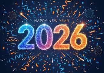 Bright 2026 new year celebration with fireworks and confetti digital art