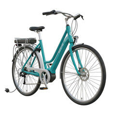 Fototapeta premium Stylish teal electric bicycle with basket and lights perfect for commuting and leisure transparent background