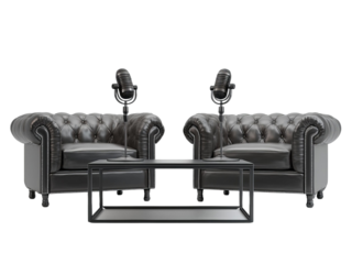 PNG of Two elegant black leather armchairs with stylish microphones on stands, complemented by a sleek modern coffee table.