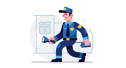 Officer Investigating Door, Using Flashlight, Surrounded By Dark Background And White Circle