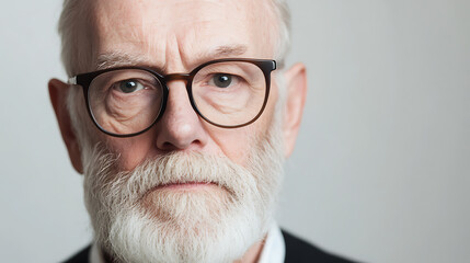 Portrait of a mature man with a distinguished white beard and glasses against a plain background, showcasing age and wisdom. His gaze is direct and contemplative.