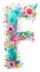 Watercolor letter F soft floral transitions on white background isolated Alphabet.