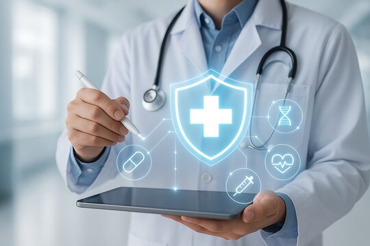 Health insurance protection and data security as doctor holds a tablet with glowing medical shield and interconnected care icons