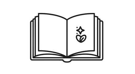 Open Book with Star and Heart Symbol on a Black Background, Simple Icon Design