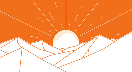 Orange Illuminated Sunset Over Contoured Black Mountains With Linear Sunlight Rays