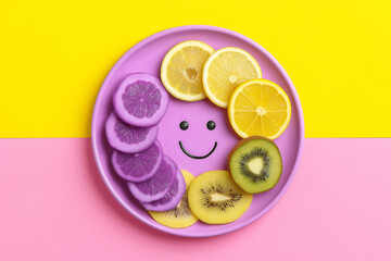 Rainbow fruit platter for kids breakfast, arranged in smiley face pattern, minimal pastel background.