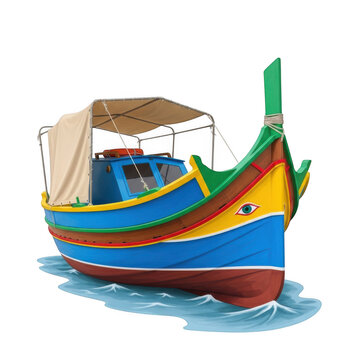 Colorful traditional maltese luzzu fishing boat detailed close-up view on calm water transparent background