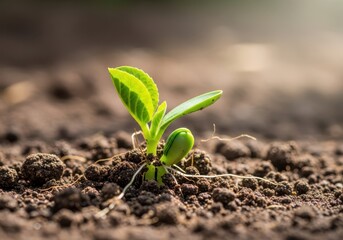 Tiny sprout emerging from rich soil symbolizing new life growth and agricultural promise