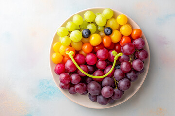 Rainbow fruit platter for kid's breakfast, arranged in smiley face pattern. 