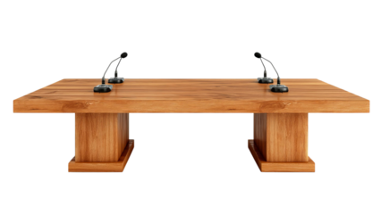 PNG of Stylish wooden conference table with microphones, ideal for meetings and discussions.