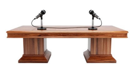 PNG of A polished wooden conference table with two microphones, ideal for meetings or presentations.
