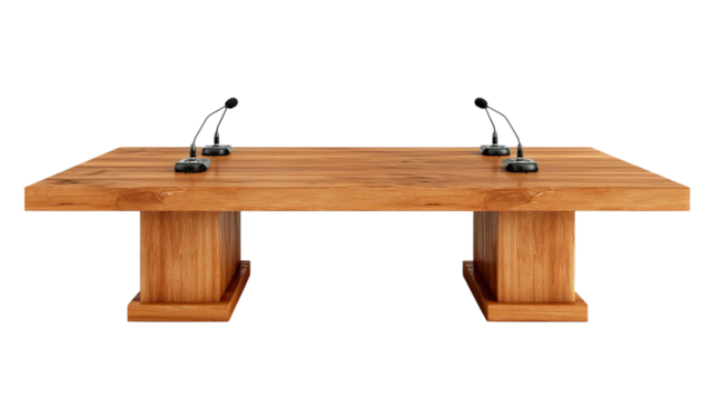 PNG of Stylish wooden conference table with microphones, ideal for meetings and discussions.