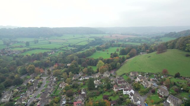 amazing aerial view Uley, Village in Cotswolds, near Dursley. Autumn Travel in United Kingdom