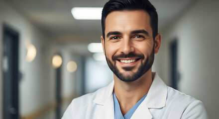 Fototapeta premium Smiling confident male doctor in professional lab coat offers reassurance and hope to patients in modern hospital setting
