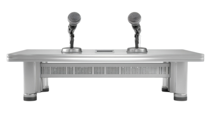 PNG of Modern conference table with two sleek microphones, perfect for discussions and presentations.