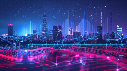 Futuristic city skyline with neon lights and data waves in a digital landscape at night time