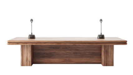 PNG of Elegant wooden conference table with modern microphones, perfect for professional meetings.