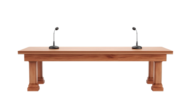 PNG of Elegant wooden conference table with two microphones, ideal for meetings or presentations.