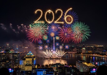 Spectacular 2026 fireworks display over cityscape celebrating new year's eve festivities