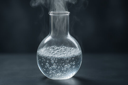 Round bottom flask with boiling transparent liquid releasing steam, laboratory glassware used in scientific experiment for chemical reaction and thermal process, chemistry research and educational lab