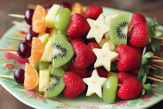 Playful kid's breakfast with fruit skewers shaped like stars and hearts. 