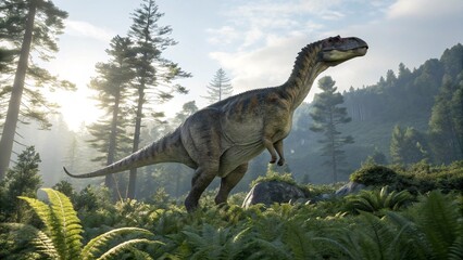 Realistic Muttaburrasaurus dinosaur in prehistoric natural habitat, large bipedal herbivore among ferns and conifer trees, detailed green-brown scales, wildlife illustration