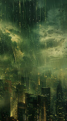 Obraz premium A cityscape view with towering buildings under a heavy rain and a cloudy green sky above the city