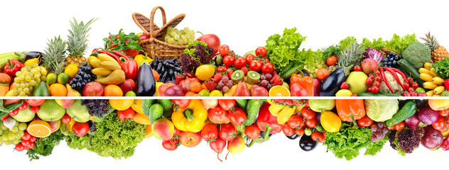 Fresh Fruits and Vegetables Border with Basket and Copy Space on White Background