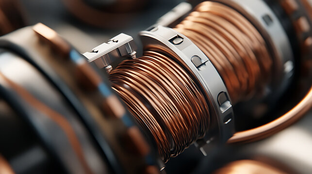 A detailed close-up shows a copper coil meticulously wound around a metal core, highlighting precision engineering. The metallic surfaces gleam, emphasizing the complexity.