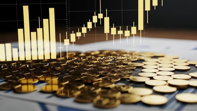 Financial chart with growing bars and candlestick pattern above gold coins on a table