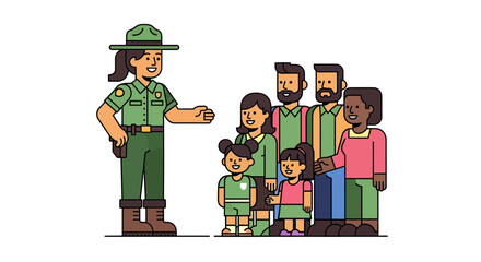 Park Ranger Welcomes Family For Adventure Outdoors Illustrative Cartoon Image Representation