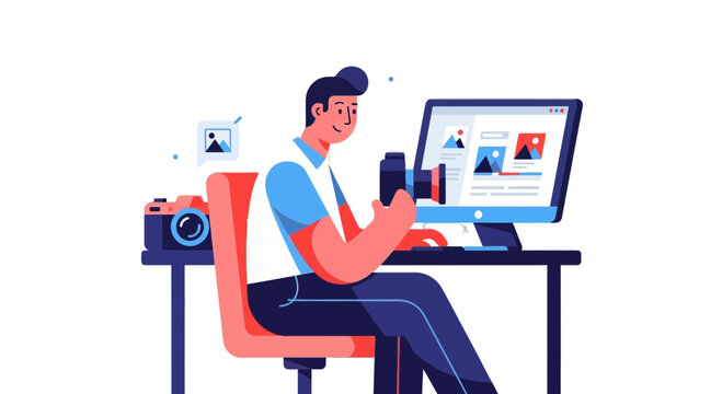 Photographer Working and Editing Pictures Digital on a Computer Screen Black Background