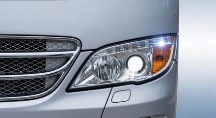 Close-up of a modern silver car headlight with a distinctive design