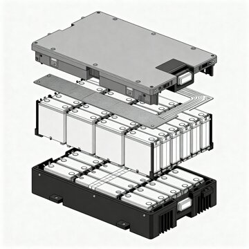 EV battery module and cell exploded layout pack level architecture clean vector with busbar routing cooling plate and safety features