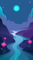 Enchanting night landscape with a winding river and glowing flowers under a starry sky