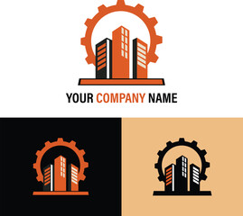 Modern Construction Company Logo Design with Orange Gear and Building Shapes