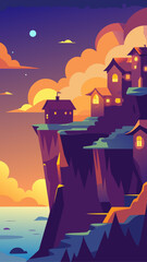 Stylized cliffside village with glowing windows at sunset with a vibrant sky